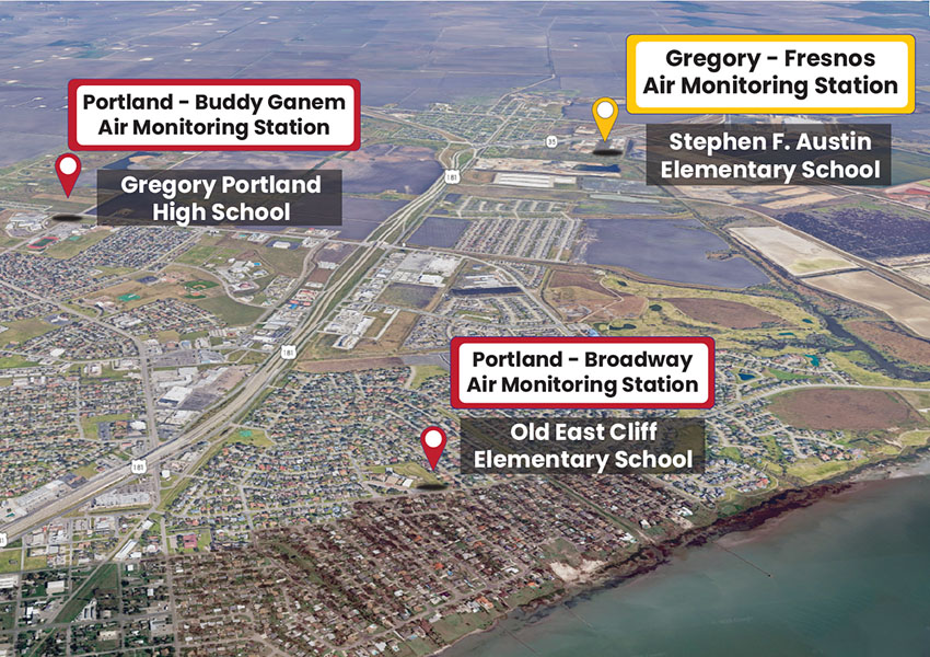 Aerial View of Air Monitoring Stations: Portland-Buddy Ganem at Gregory Portland High School, Portland-Broadway at Old East Cliff Elementary School, and Gregory-Fresnos at Stephen F. Austin Elementary School