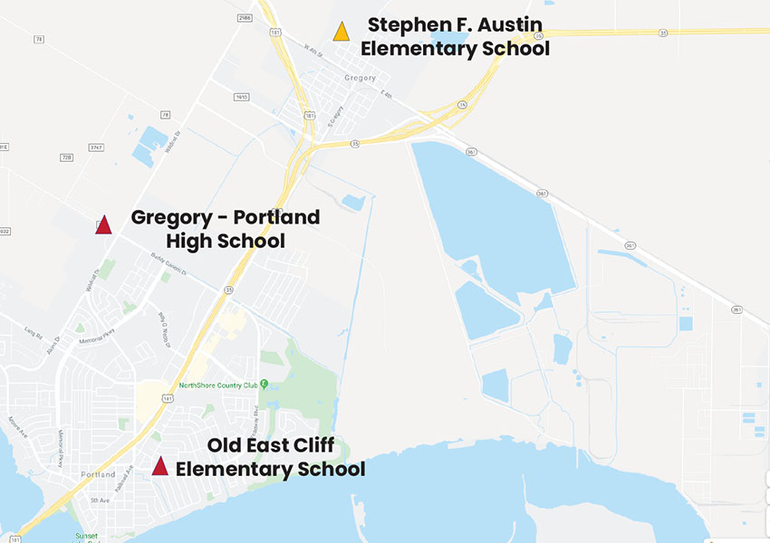 Map of Air Monitoring Stations: Gregory Portland High School, Old East Cliff Elementary School, and Stephen F. Austin Elementary School