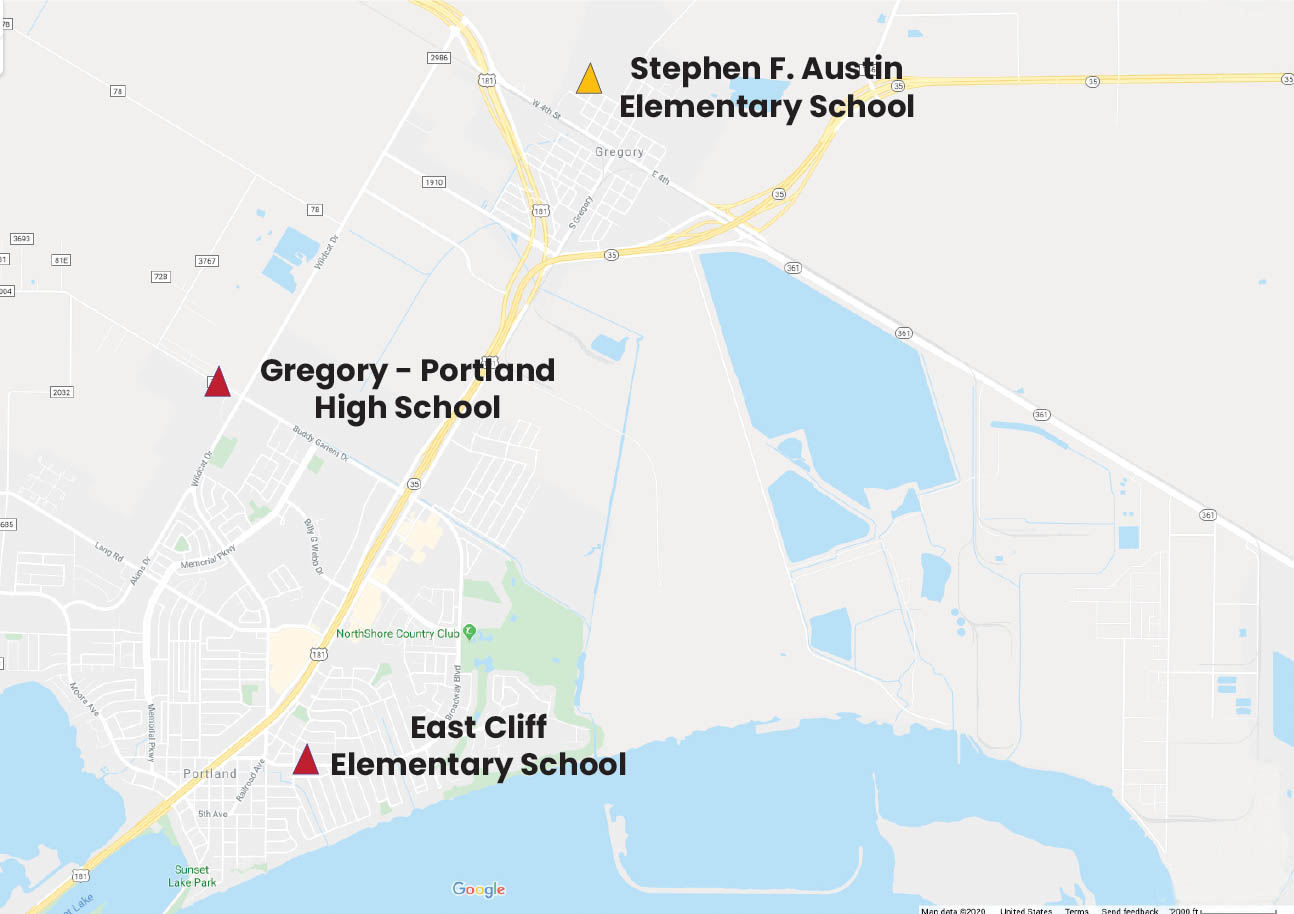 Map of Air Monitoring Stations: Gregory Portland High School, East Cliff Elementary School, and Stephen F. Austin Elementary School